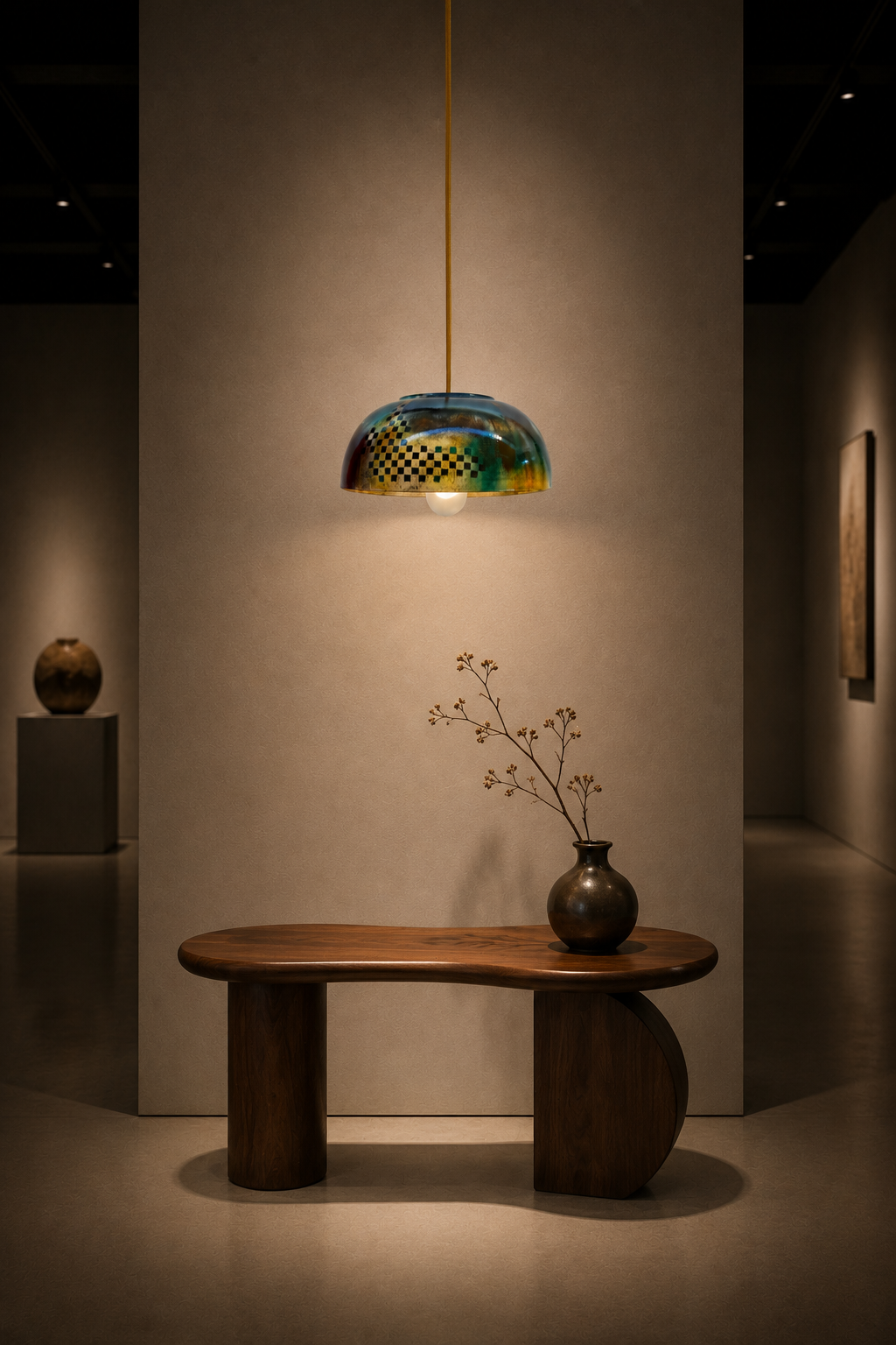 Pendente em porcelana exposto em ambiente de galeria com mesa escultórica