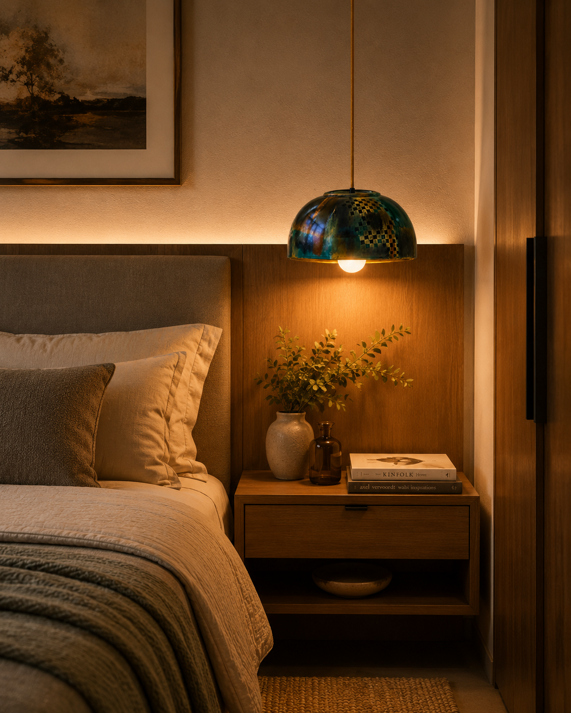 Pendente em porcelana instalado sobre mesa de cabeceira em quarto com iluminação aconchegante