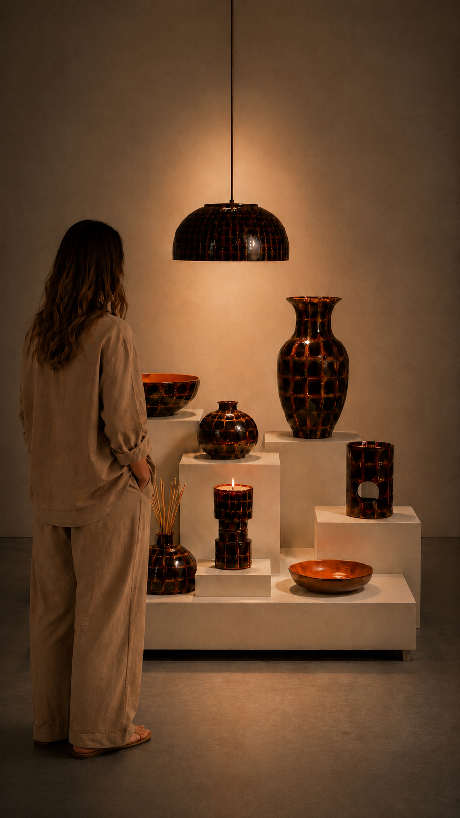 Exposição da coleção Solos em galeria: pendente, vasos, tigelas e castiçal em porcelana pintada à mão, com pessoa observando as peças
