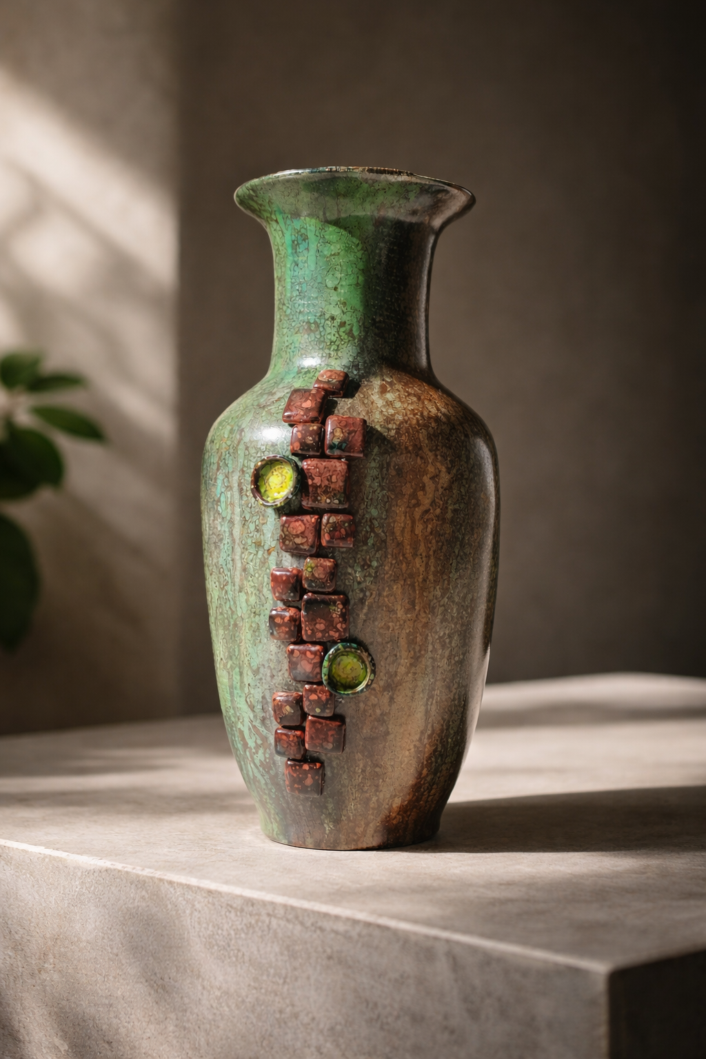 Vaso em porcelana da coleção Intempéries, com aplicações e pedras verdes, efeito de oxidação