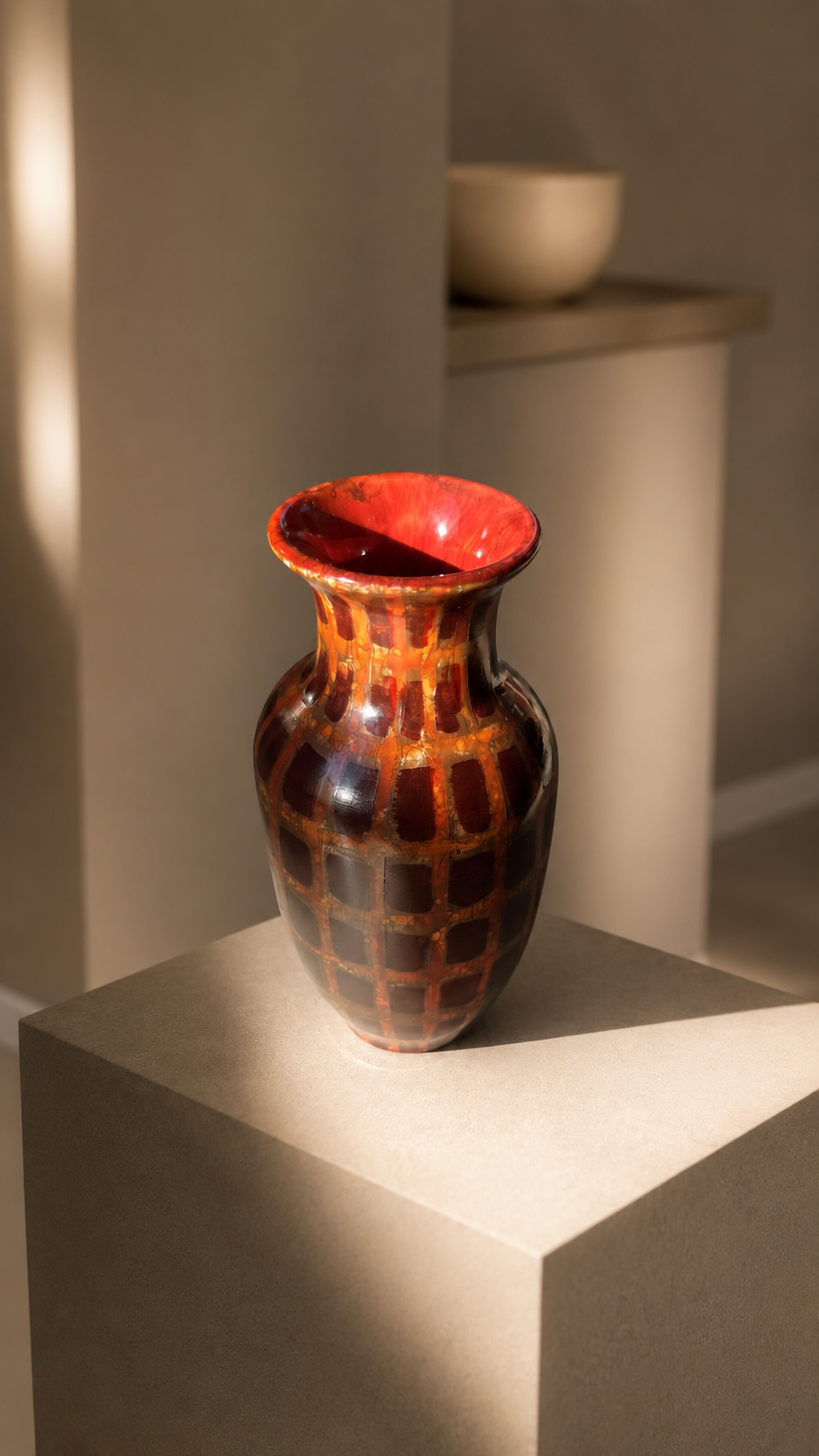 Vaso em porcelana da coleção Solos, textura em grade vermelha, interior vermelho