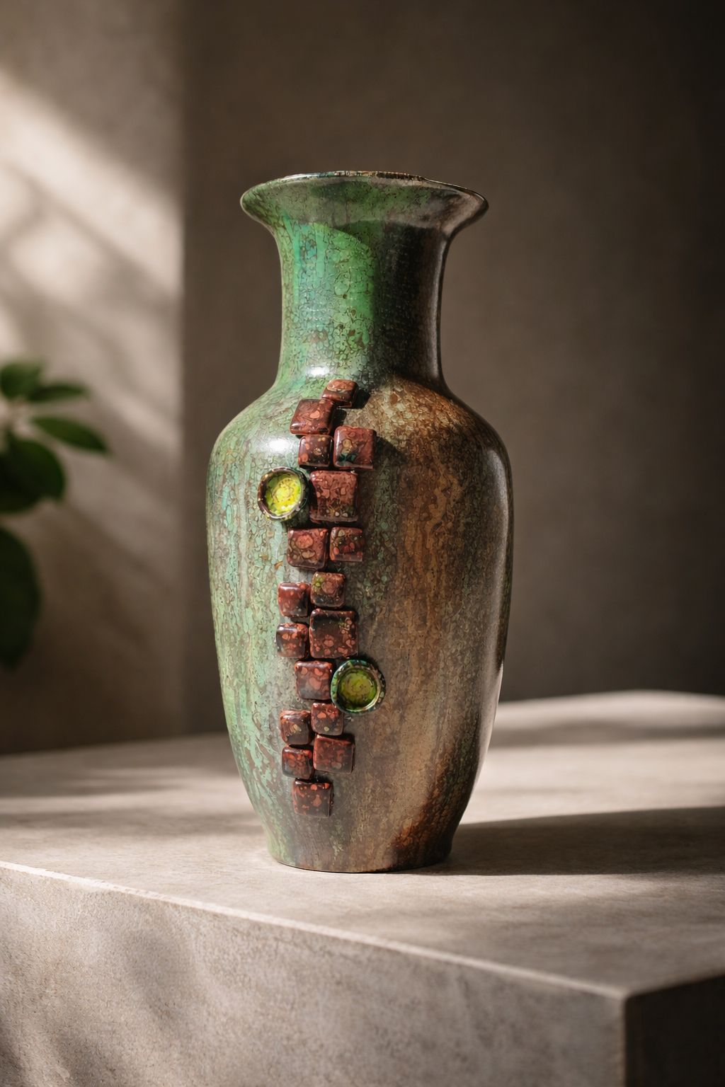 Vaso em porcelana com esmalte verde craquelado e aplicações em terracota